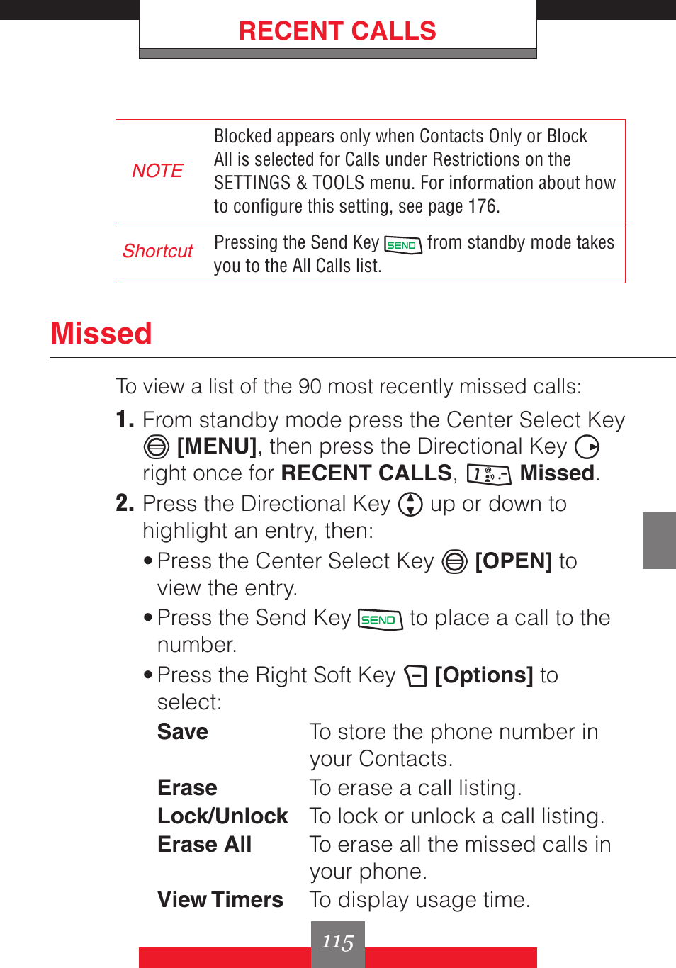 Missed, Recent calls | Casio G'z One User Manual | Page 116 / 242