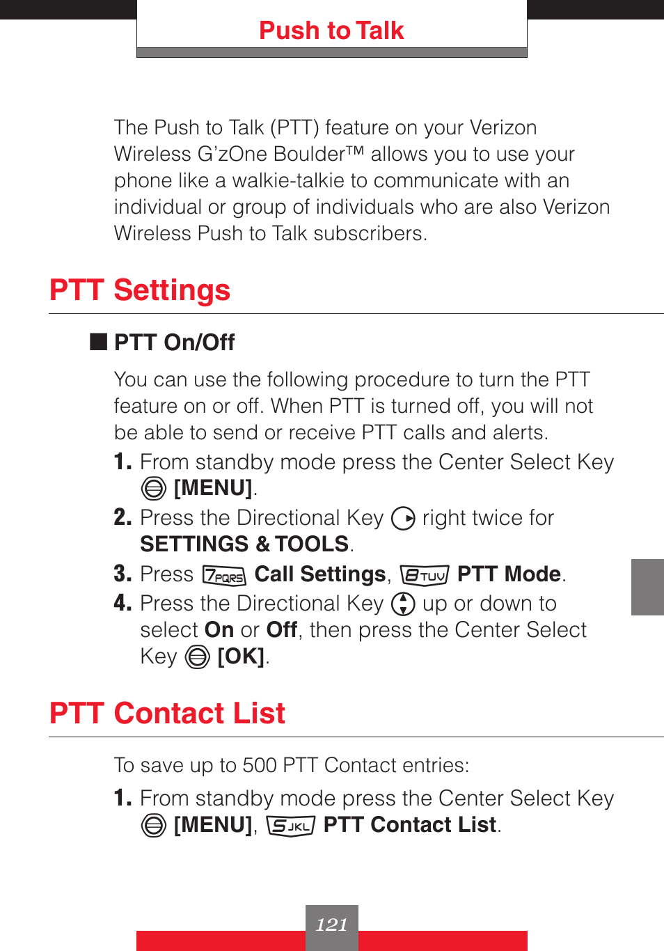Ptt settings, Ptt contact list | Casio G'z One User Manual | Page 122 / 242