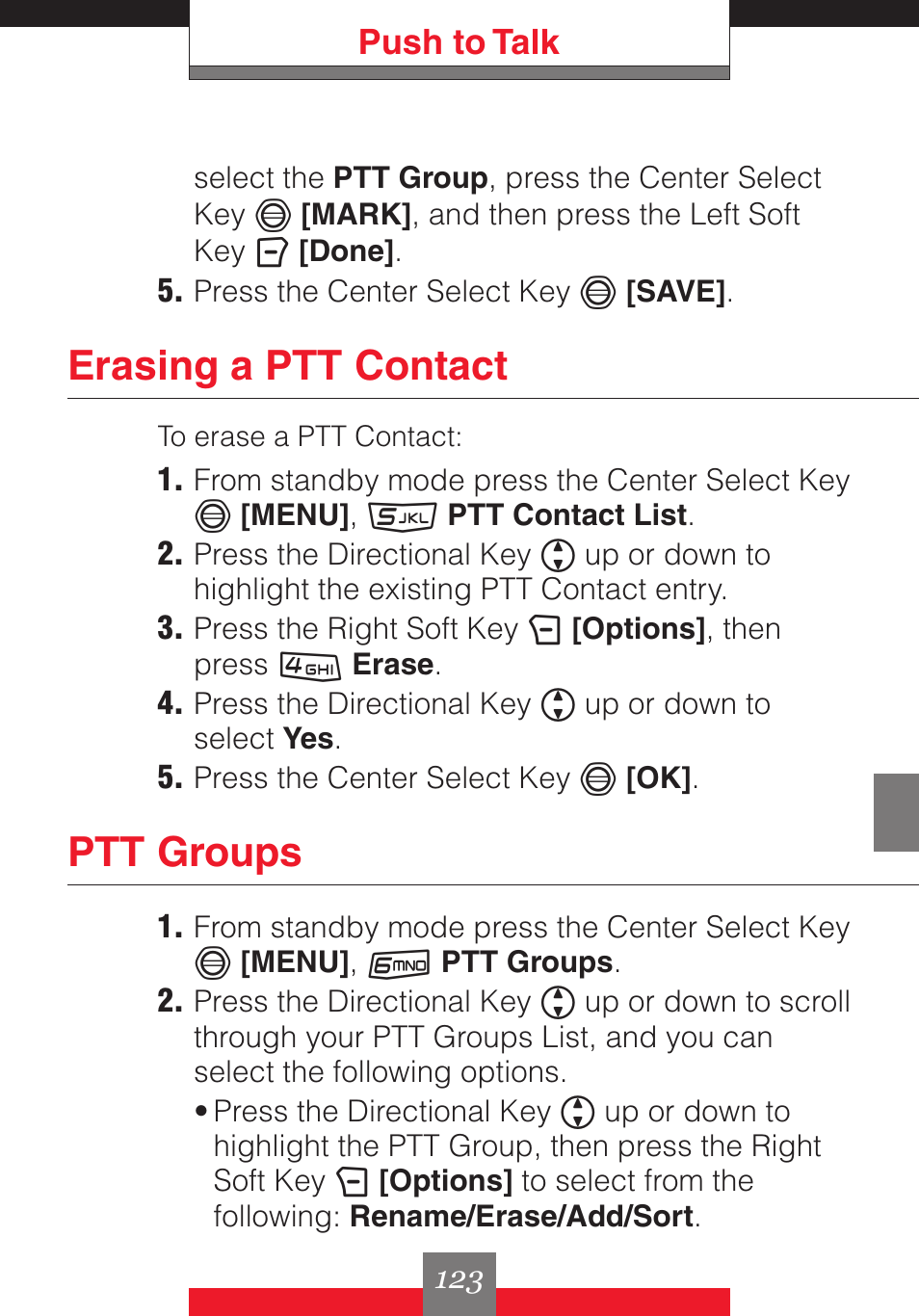 Erasing a ptt contact, Ptt groups, Push to talk | Casio G'z One User Manual | Page 124 / 242