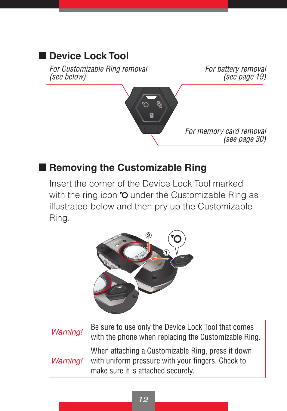 K device lock tool, K removing the customizable ring | Casio G'z One User Manual | Page 13 / 242
