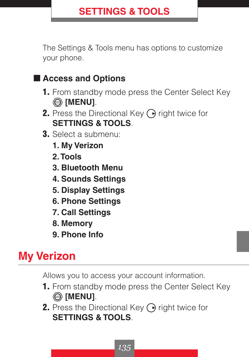 My verizon, Settings & tools | Casio G'z One User Manual | Page 136 / 242