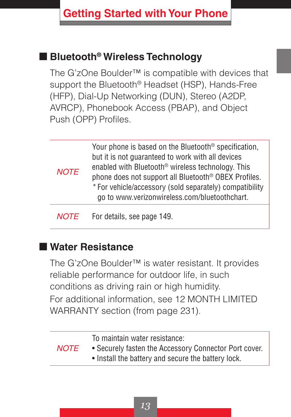 Getting started with your phone, K bluetooth, Wireless technology | K water resistance | Casio G'z One User Manual | Page 14 / 242