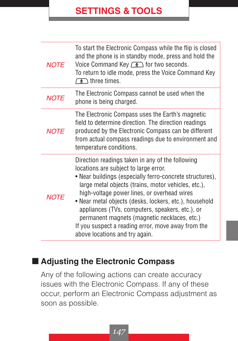 Settings & tools, K adjusting the electronic compass | Casio G'z One User Manual | Page 148 / 242