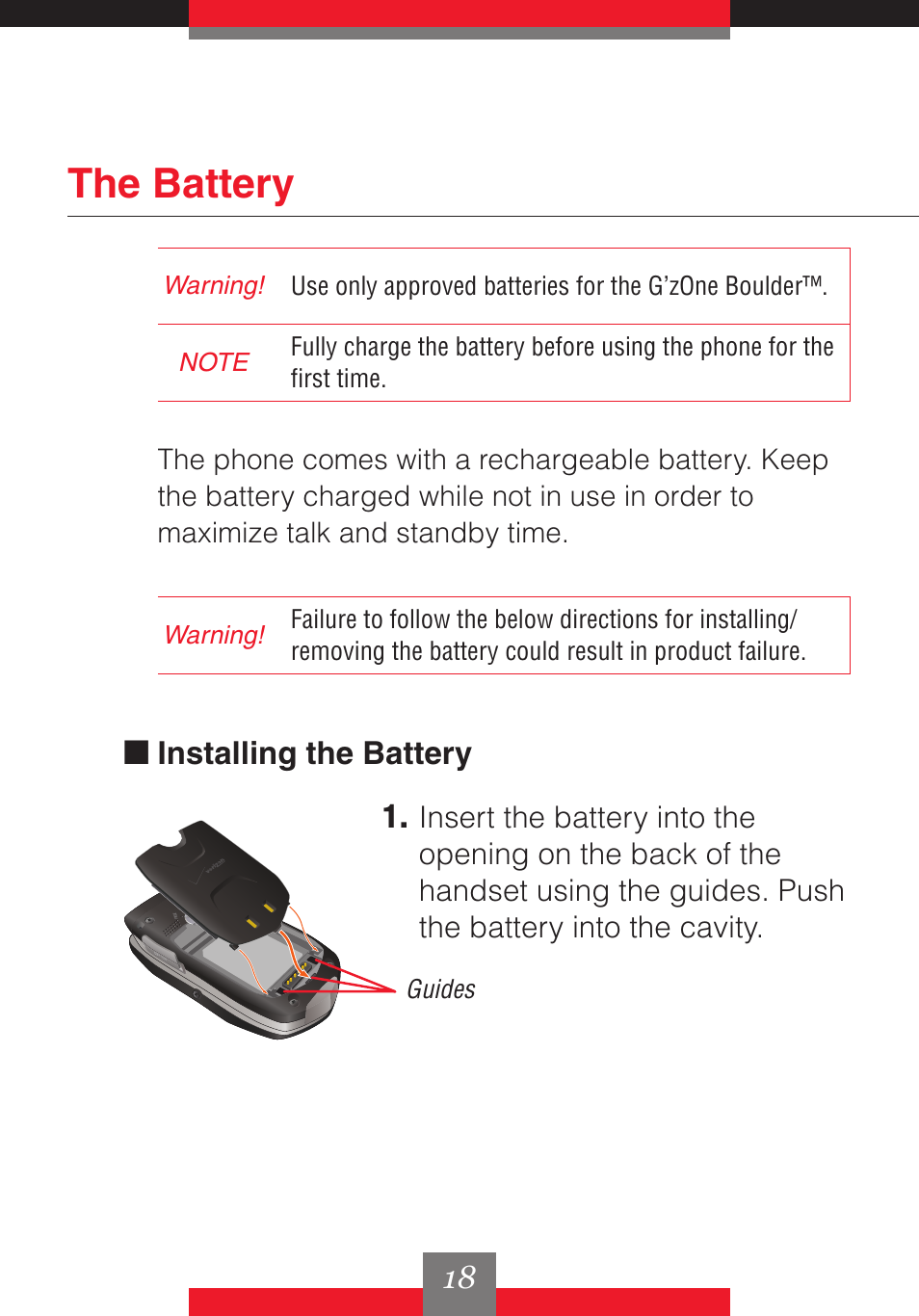 The battery | Casio G'z One User Manual | Page 19 / 242