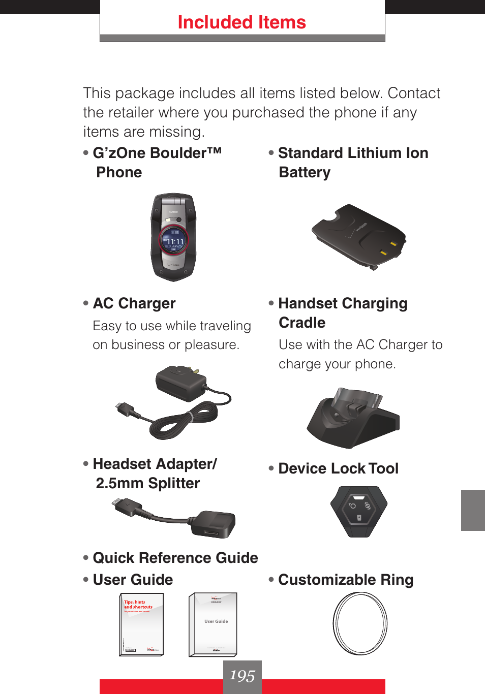 Included items | Casio G'z One User Manual | Page 196 / 242