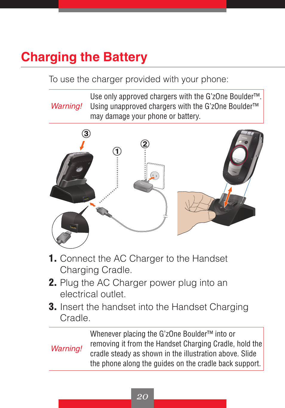 Charging the battery | Casio G'z One User Manual | Page 21 / 242