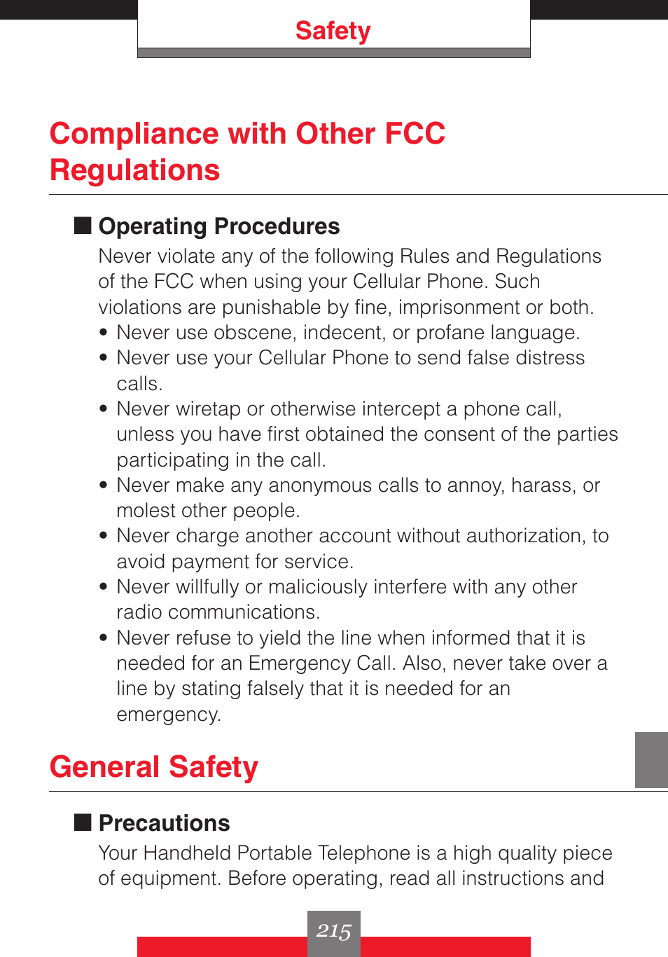 Compliance with other fcc regulations, General safety | Casio G'z One User Manual | Page 216 / 242