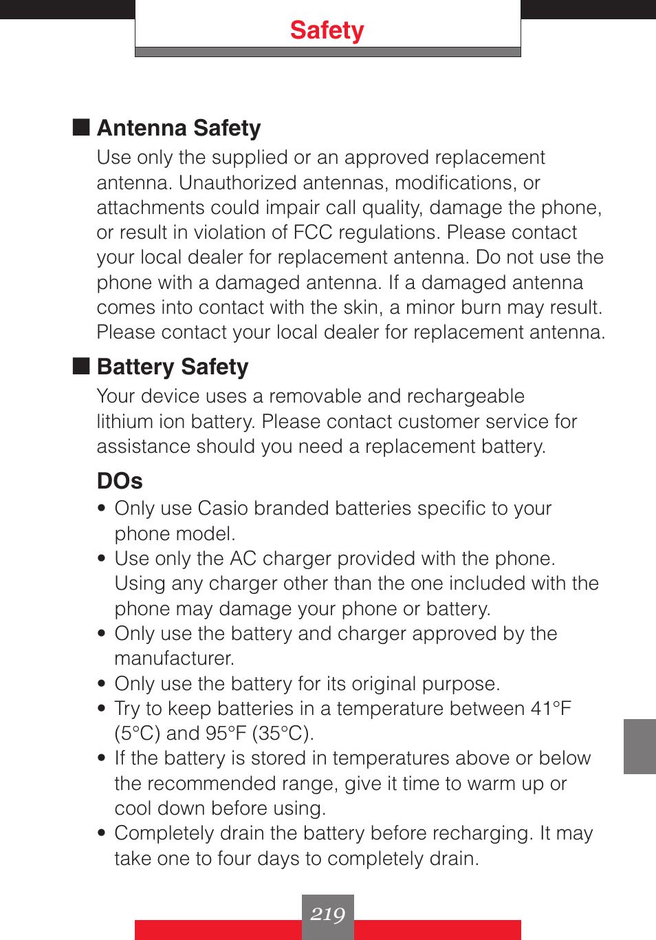 Safety | Casio G'z One User Manual | Page 220 / 242