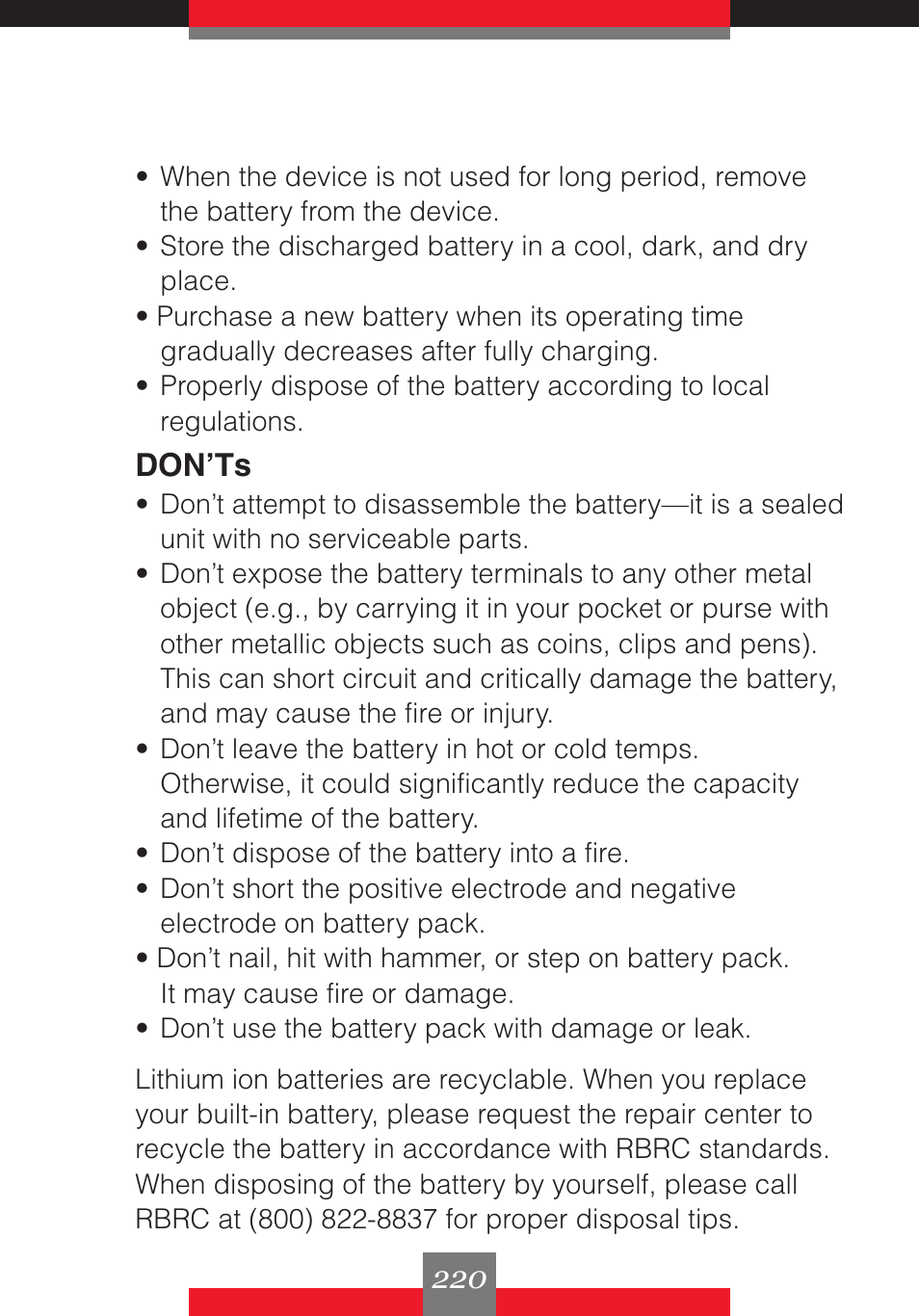 Don’ts | Casio G'z One User Manual | Page 221 / 242