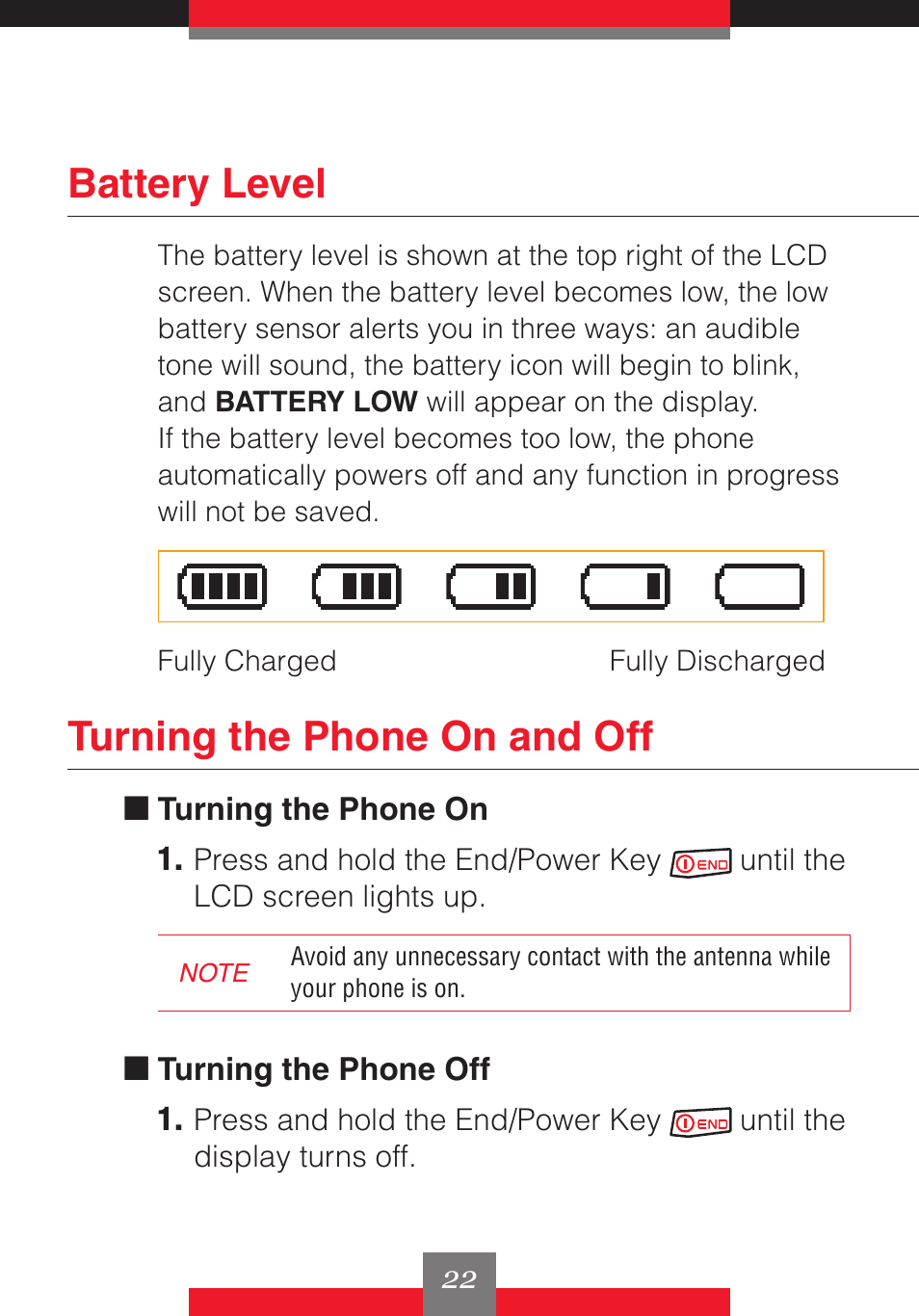 Battery level, Turning the phone on and off | Casio G'z One User Manual | Page 23 / 242