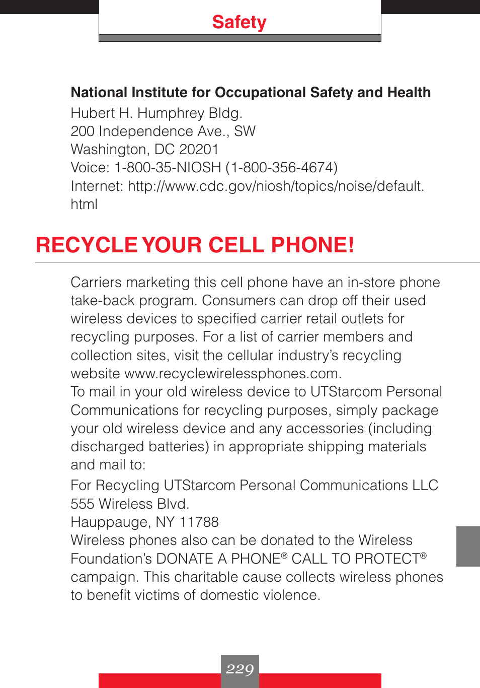 Recycle your cell phone, Safety | Casio G'z One User Manual | Page 230 / 242