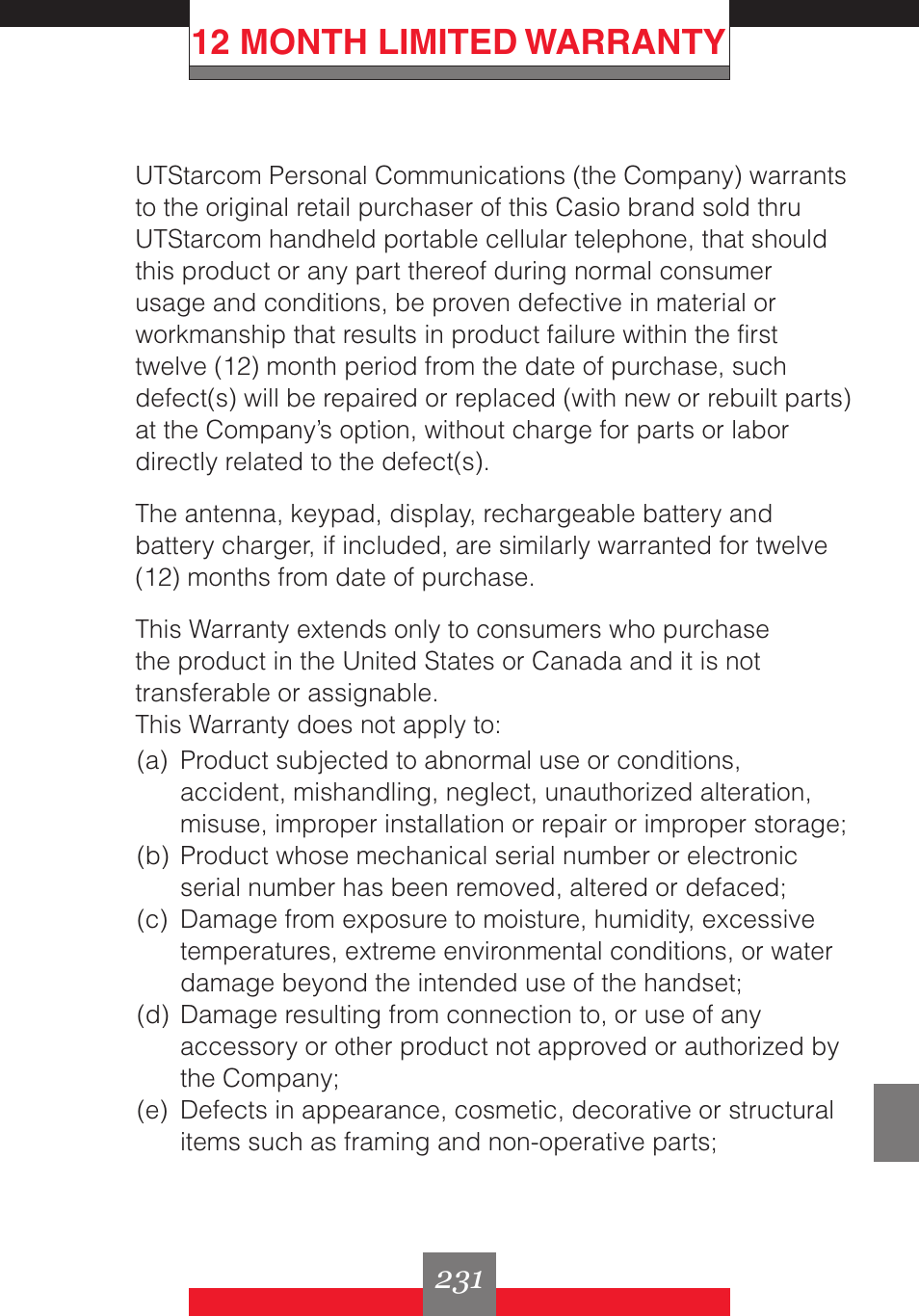 12 month limited warranty | Casio G'z One User Manual | Page 232 / 242