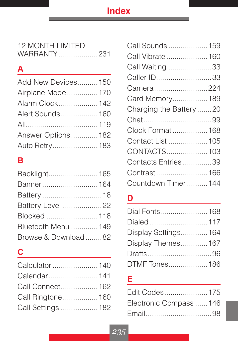 Index | Casio G'z One User Manual | Page 236 / 242