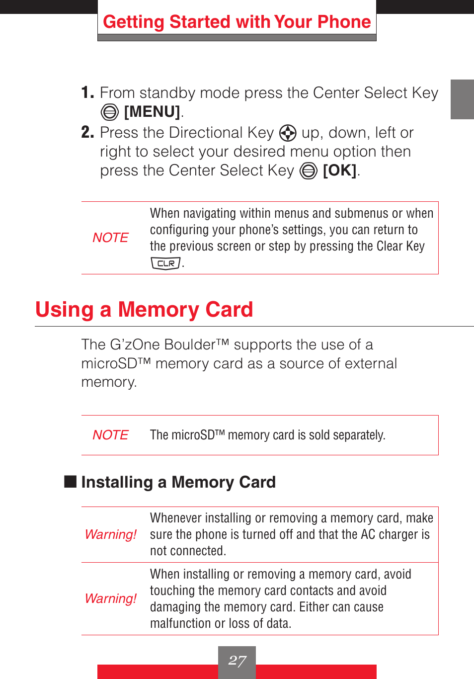 Getting started with your phone | Casio G'z One User Manual | Page 28 / 242