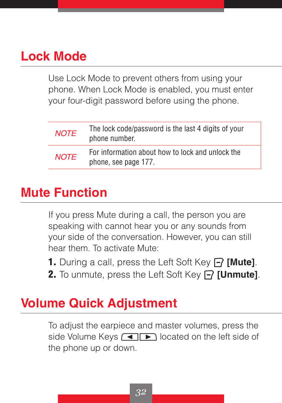 Lock mode, Mute function, Volume quick adjustment | Casio G'z One User Manual | Page 33 / 242