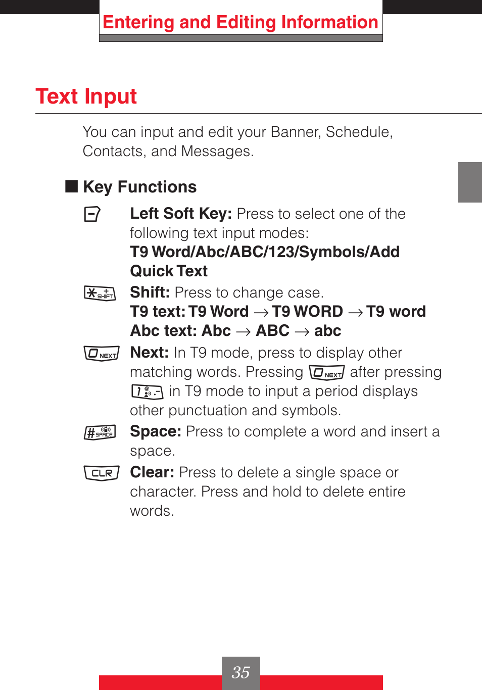 Text input, Entering and editing information | Casio G'z One User Manual | Page 36 / 242