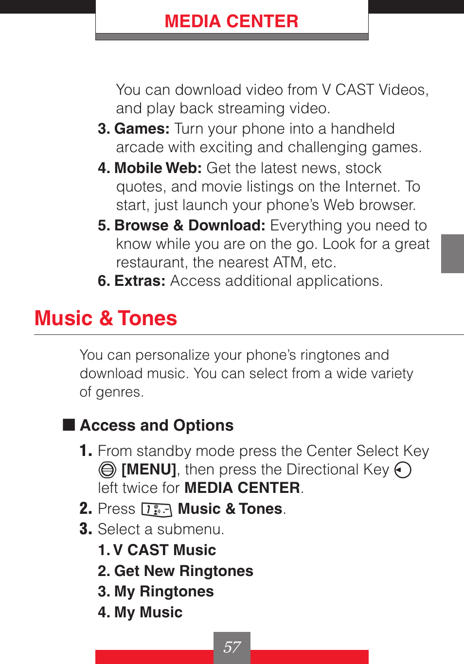 Music & tones, Media center | Casio G'z One User Manual | Page 58 / 242