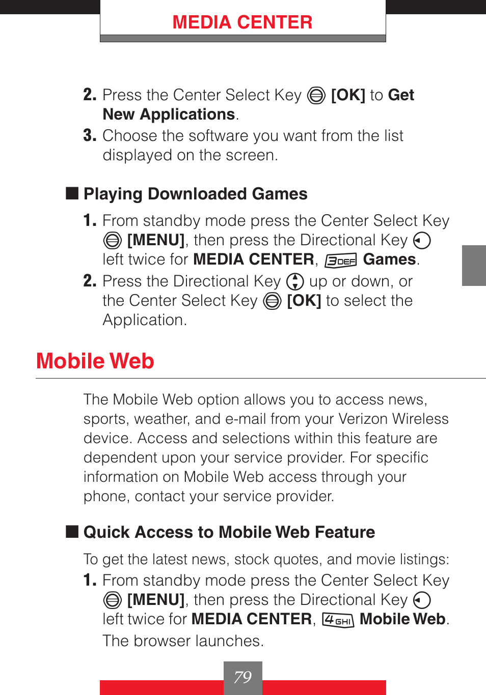 Mobile web, Media center | Casio G'z One User Manual | Page 80 / 242
