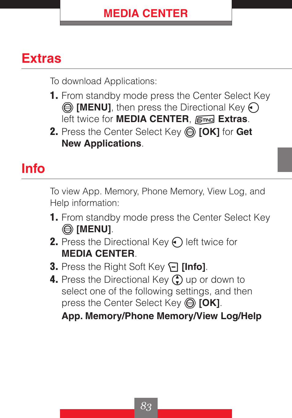 Extras, Info, Media center | Casio G'z One User Manual | Page 84 / 242