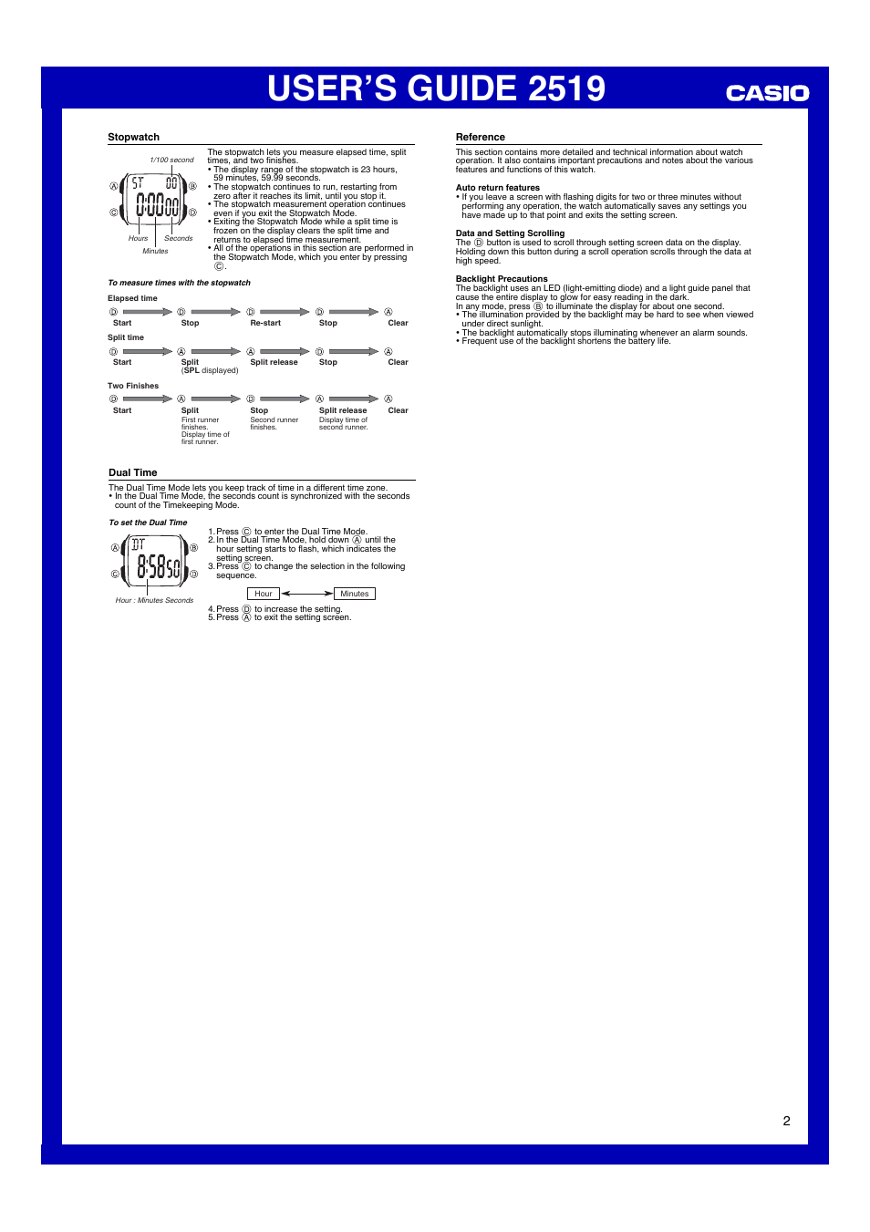 Stopwatch, Dual time, Reference | User’s guide 2519 | Casio 2519 User Manual | Page 2 / 2