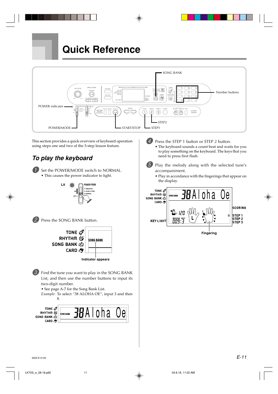 Quick reference | Casio LK70S User Manual | Page 13 / 59