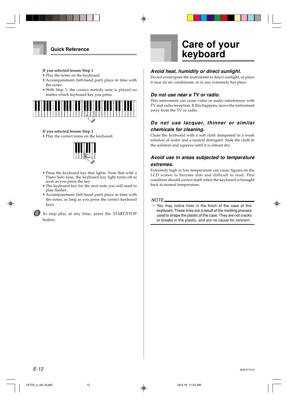 Care of your keyboard | Casio LK70S User Manual | Page 14 / 59