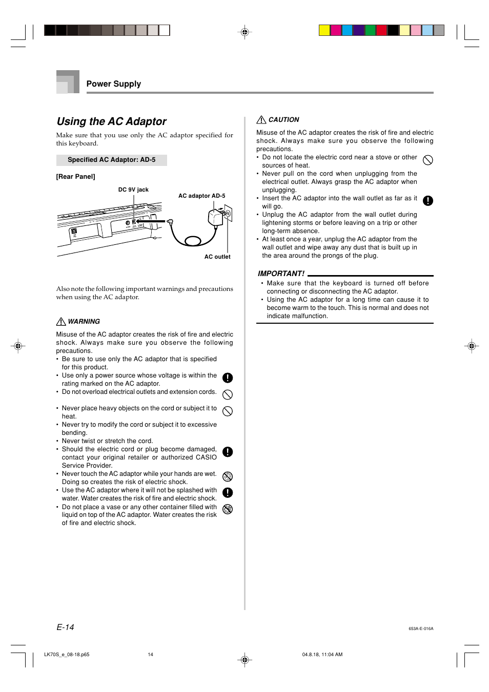 Using the ac adaptor, E-14, Power supply | Casio LK70S User Manual | Page 16 / 59