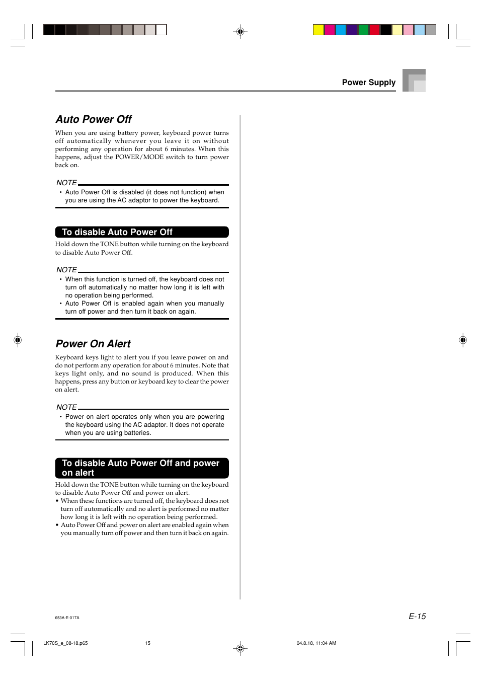 Auto power off, Power on alert | Casio LK70S User Manual | Page 17 / 59