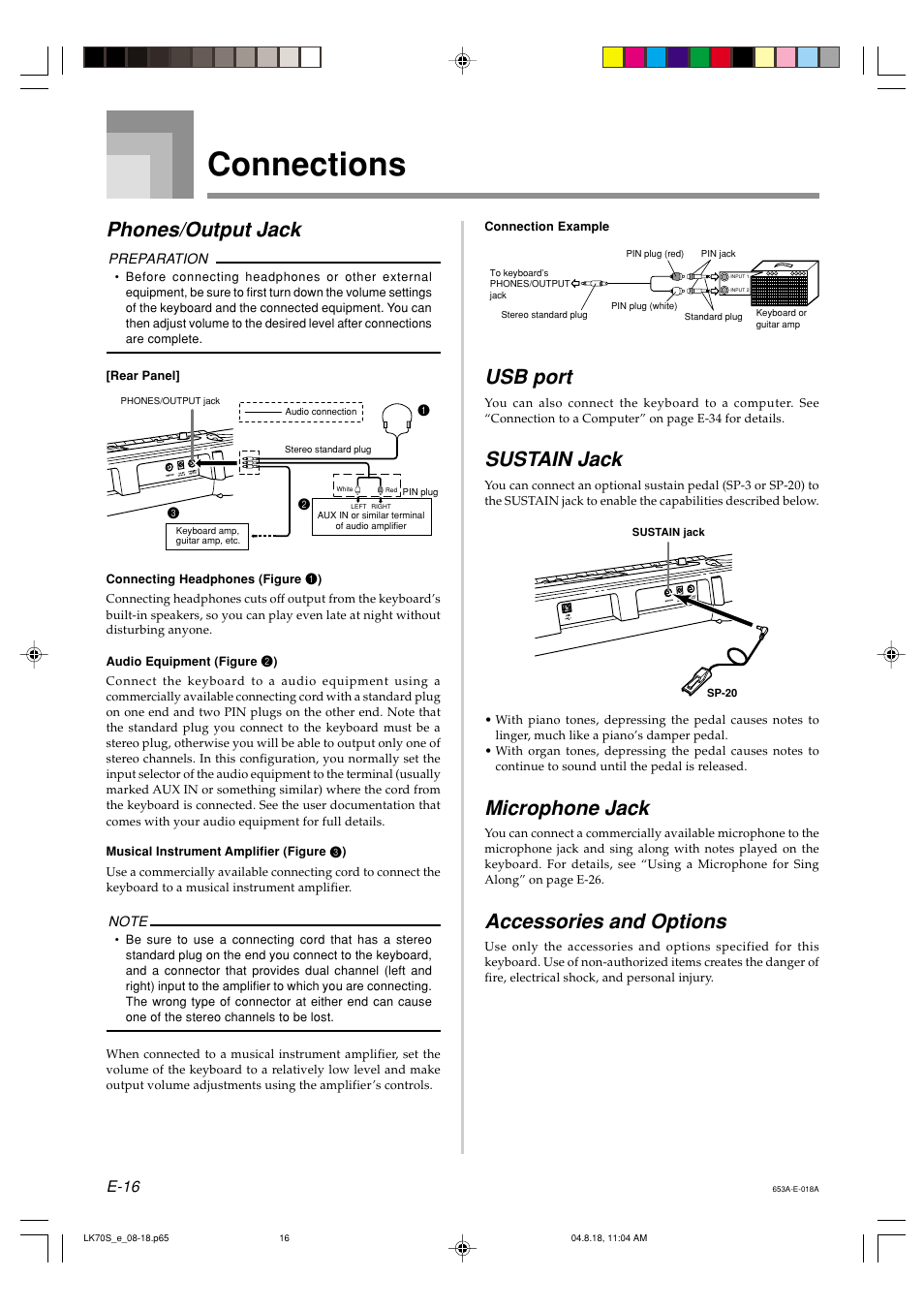 Connections, Phones/output jack, Usb port | Sustain jack, Microphone jack, Accessories and options, E-16 | Casio LK70S User Manual | Page 18 / 59
