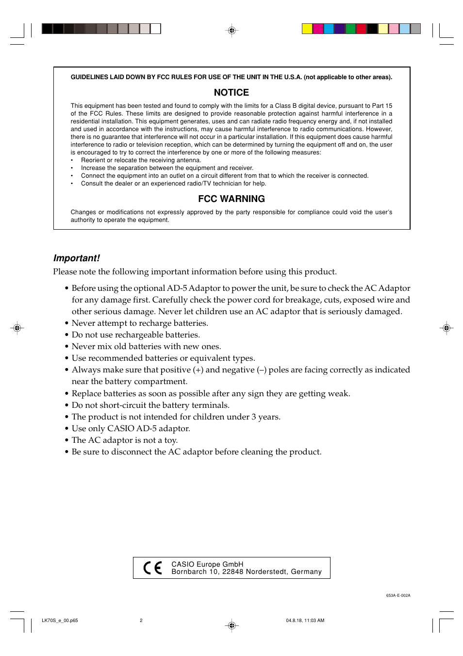 Notice, Fcc warning, Important | Casio LK70S User Manual | Page 2 / 59
