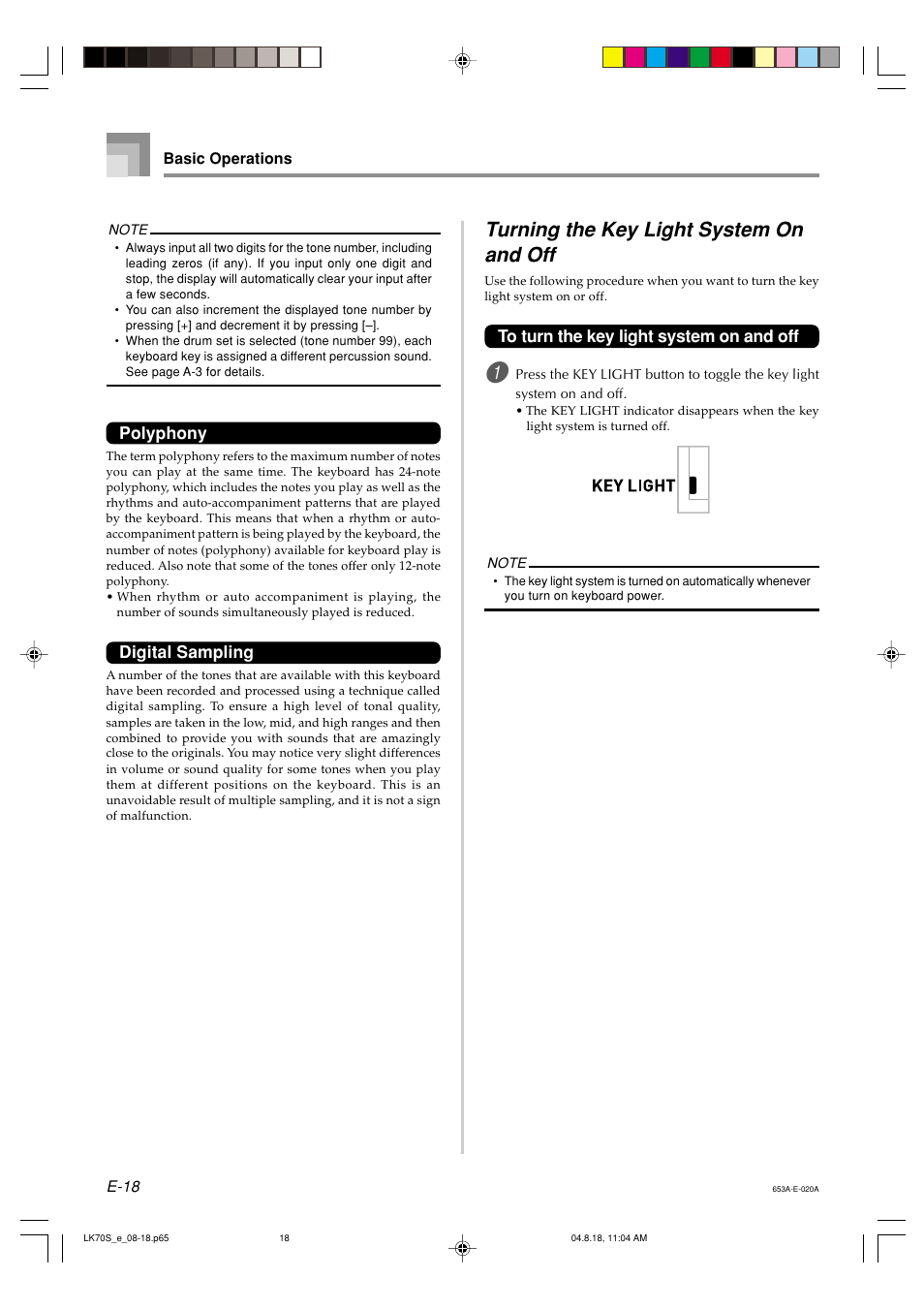 Turning the key light system on and off, Polyphony, Digital sampling | Casio LK70S User Manual | Page 20 / 59
