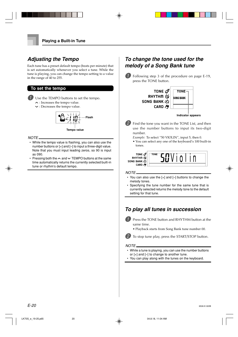 Adjusting the tempo | Casio LK70S User Manual | Page 22 / 59