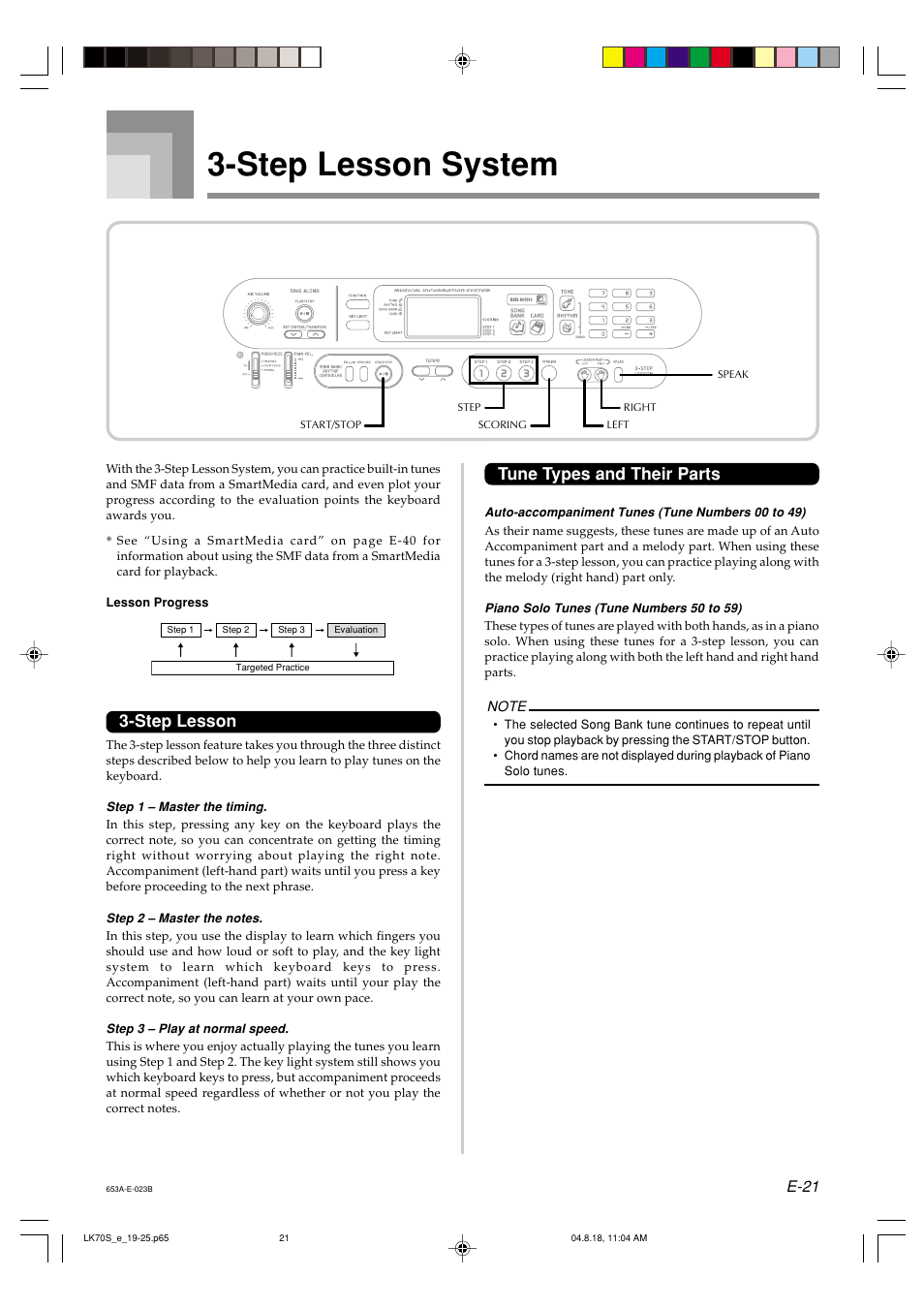 Step lesson system, Tune types and their parts, Step lesson | E-21 | Casio LK70S User Manual | Page 23 / 59