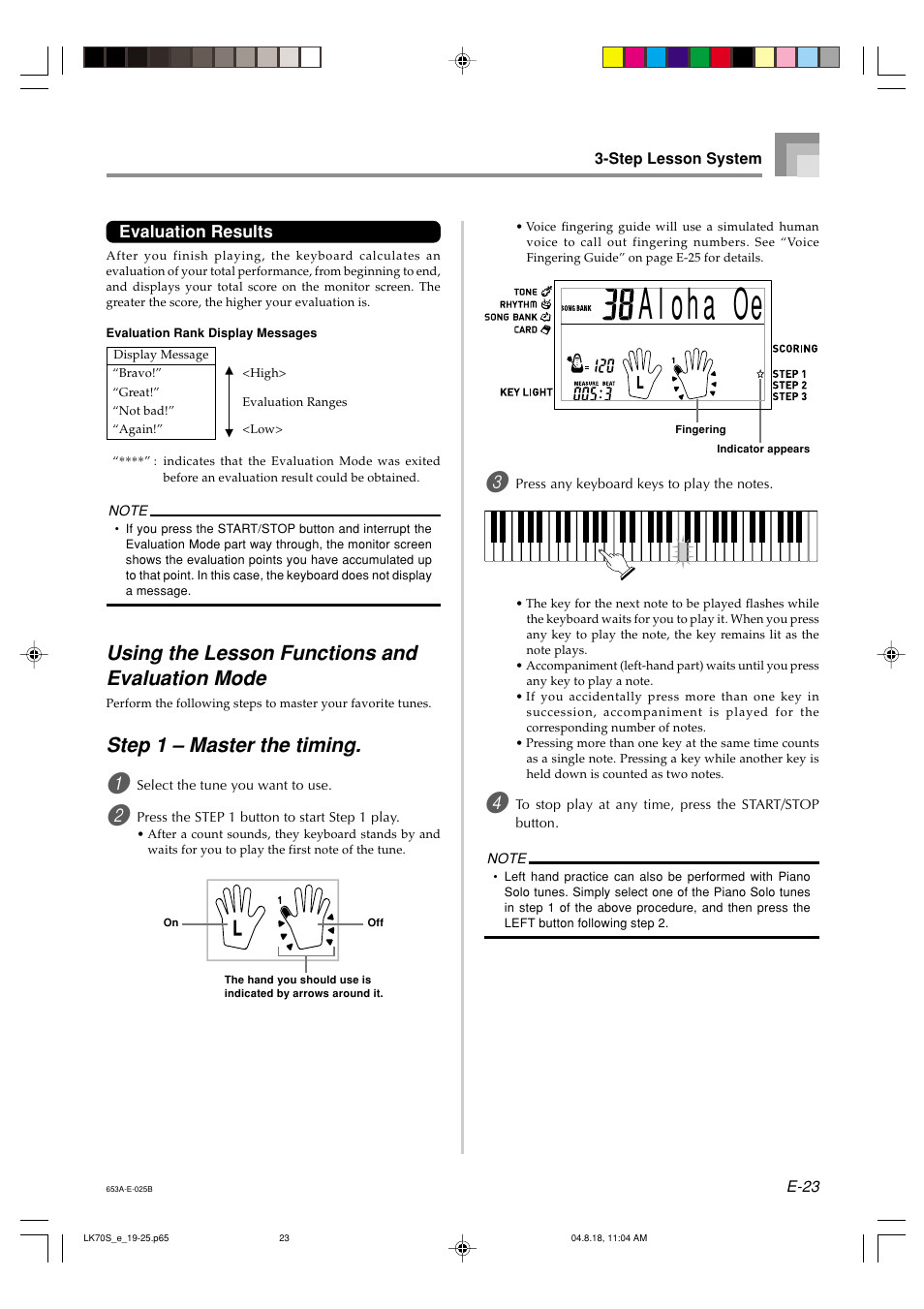 Using the lesson functions and evaluation mode, Step 1 – master the timing | Casio LK70S User Manual | Page 25 / 59