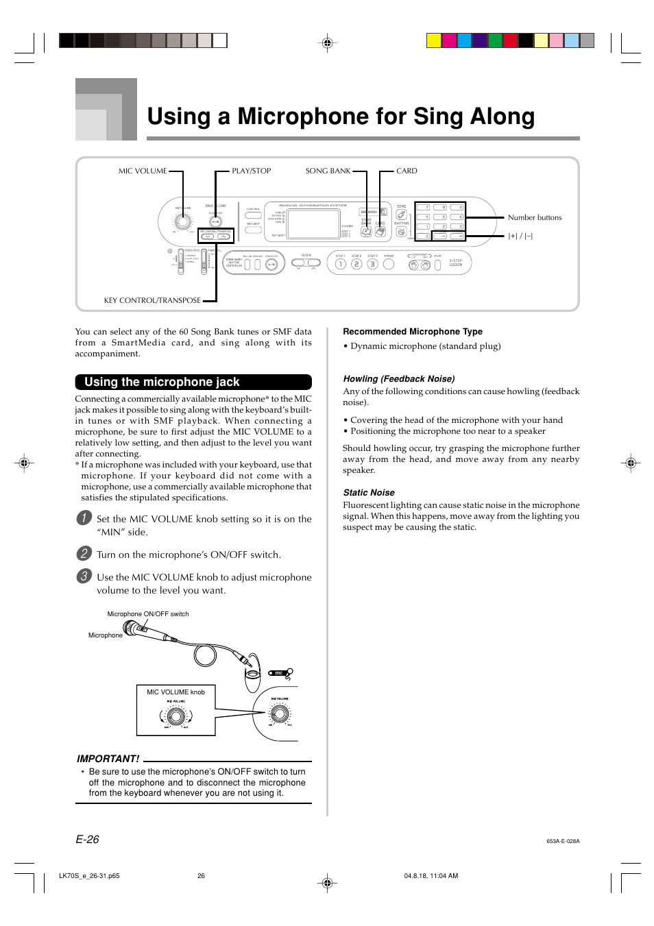 Using a microphone for sing along, Using the microphone jack | Casio LK70S User Manual | Page 28 / 59