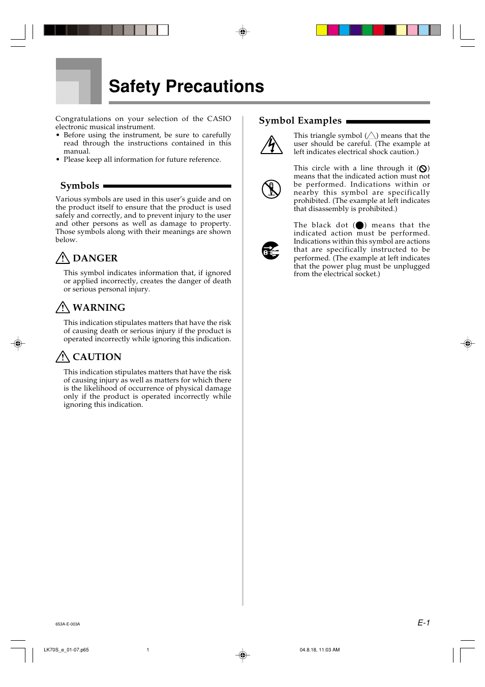 Safety precautions, Symbols, Danger | Warning, Caution, Symbol examples | Casio LK70S User Manual | Page 3 / 59