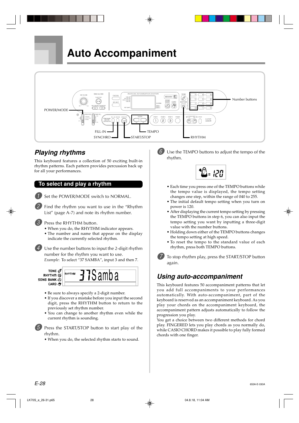 Samb a, Auto accompaniment, Playing rhythms | Using auto-accompaniment | Casio LK70S User Manual | Page 30 / 59