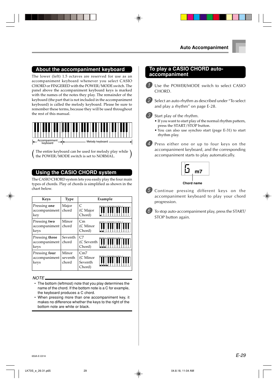About the accompaniment keyboard, Using the casio chord system, E-29 | Auto accompaniment, Use the power/mode switch to select casio chord, Start play of the rhythm | Casio LK70S User Manual | Page 31 / 59