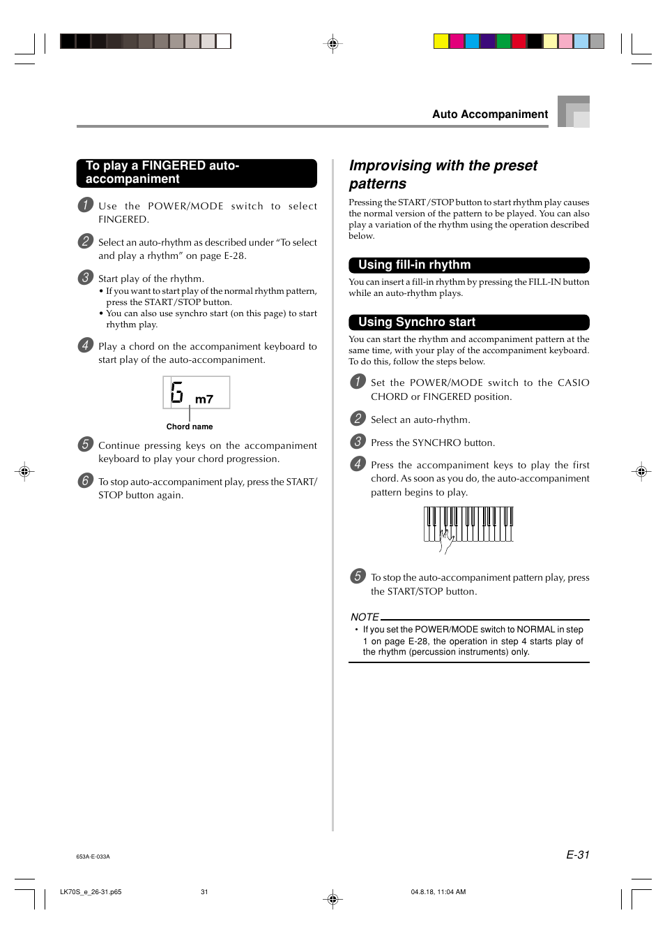 Improvising with the preset patterns | Casio LK70S User Manual | Page 33 / 59