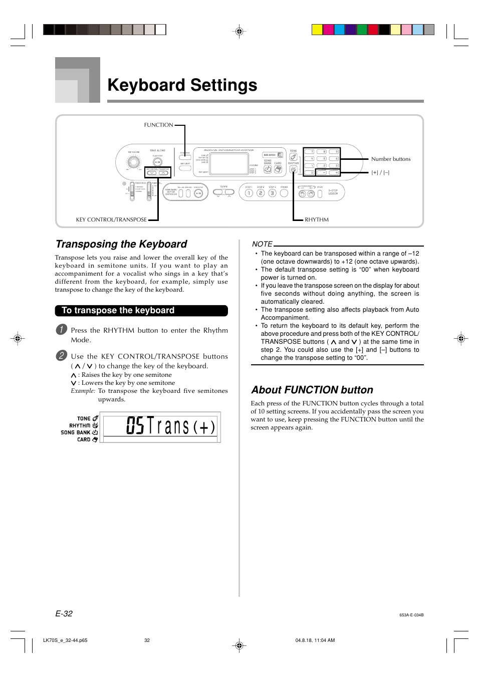 Keyboard settings, Transposing the keyboard, About function button | Casio LK70S User Manual | Page 34 / 59