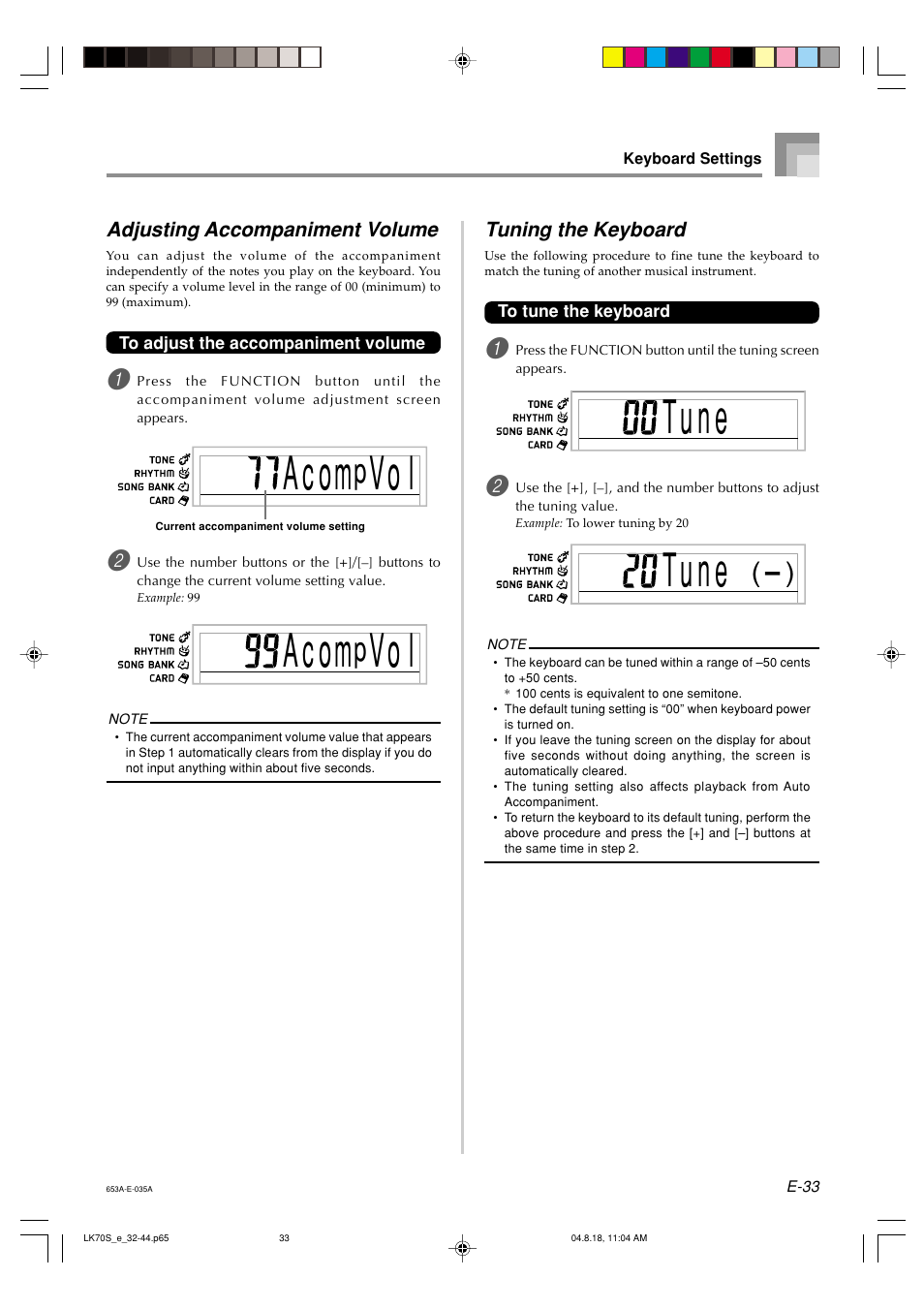Ac om, Vo l ac om, Vo l tu n e tu n e | Casio LK70S User Manual | Page 35 / 59