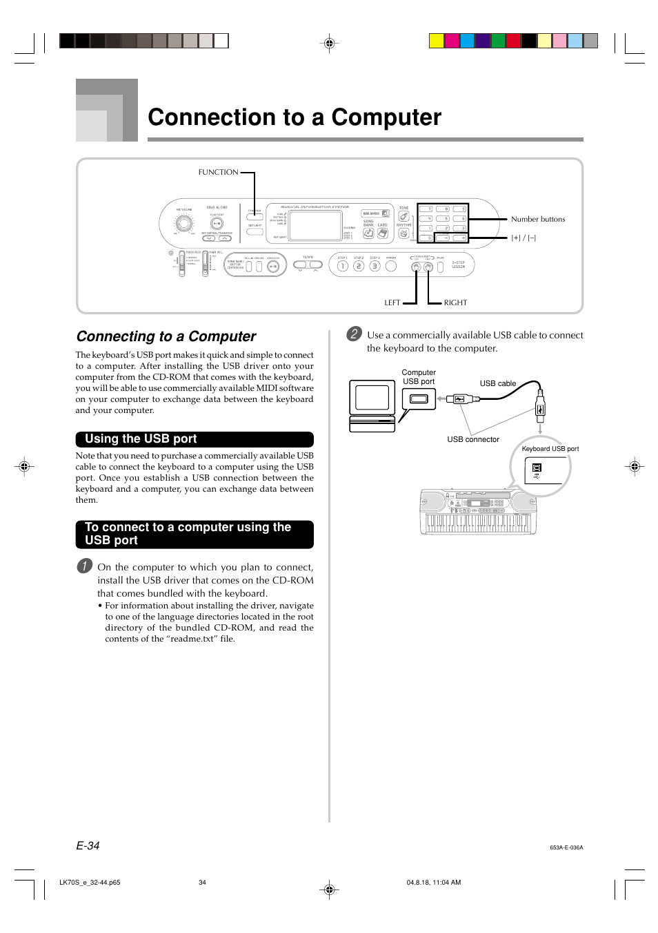 Connection to a computer, Connecting to a computer | Casio LK70S User Manual | Page 36 / 59