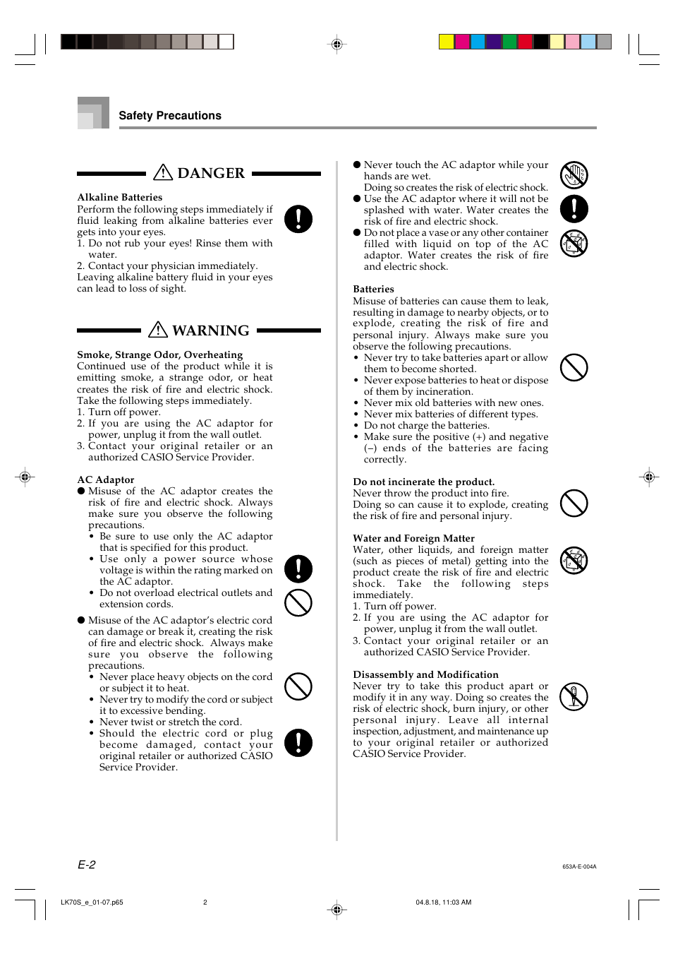 Danger, Warning | Casio LK70S User Manual | Page 4 / 59