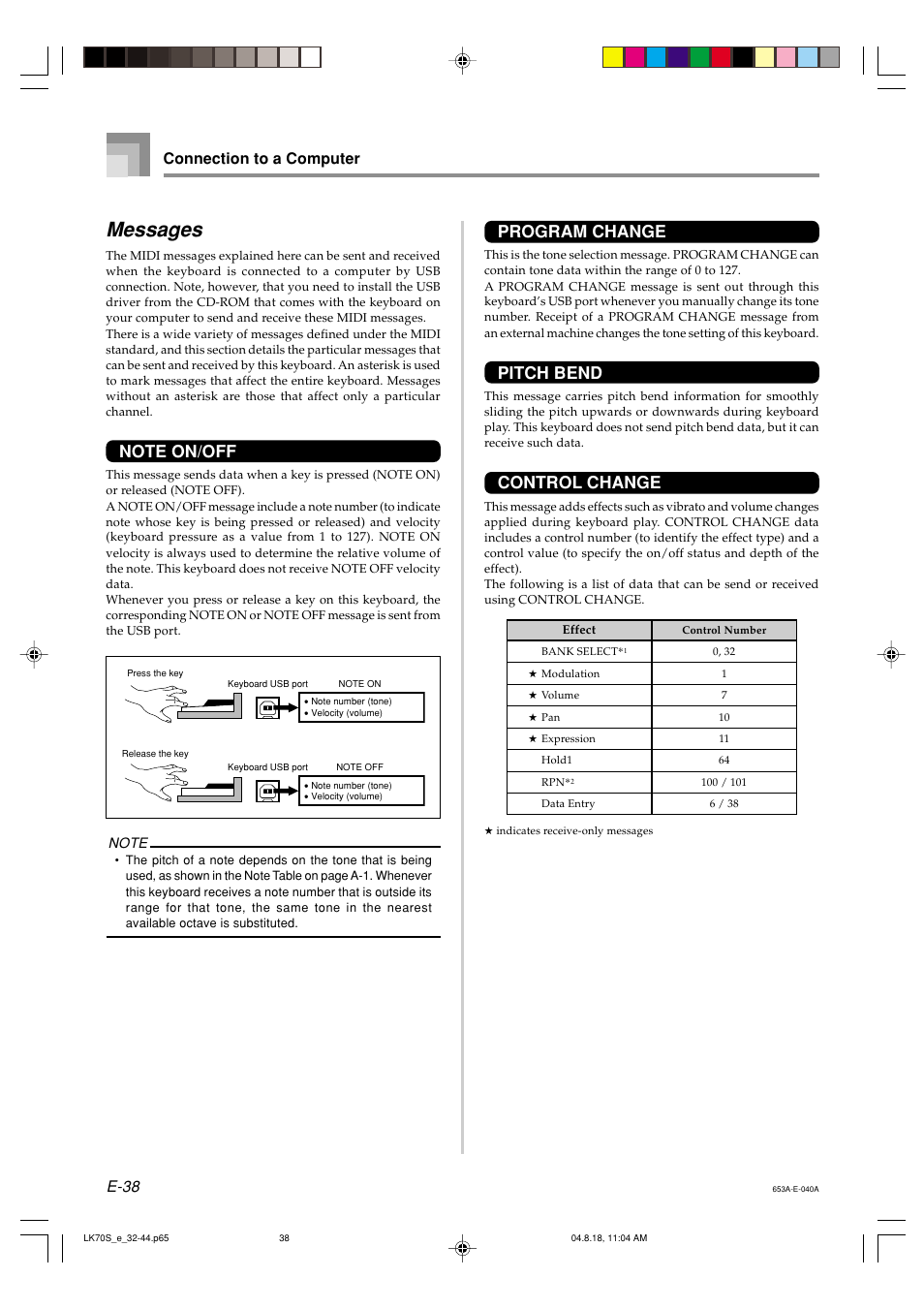 Messages, Program change, Pitch bend | Control change, E-38, Connection to a computer | Casio LK70S User Manual | Page 40 / 59