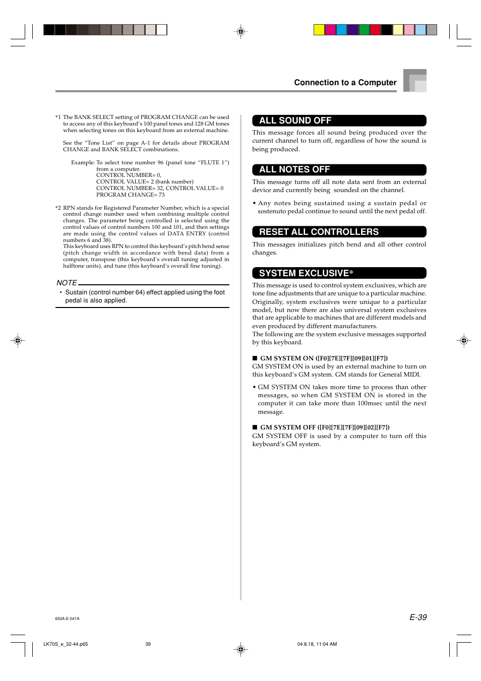 All sound off, Reset all controllers, System exclusive | E-39 connection to a computer | Casio LK70S User Manual | Page 41 / 59
