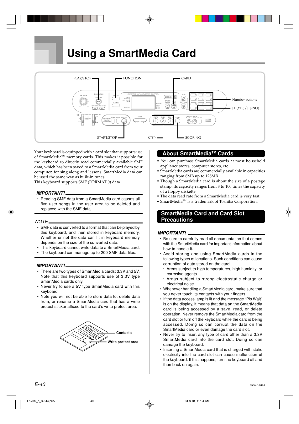 Using a smartmedia card, About smartmedia, Cards | Smartmedia card and card slot precautions, E-40 | Casio LK70S User Manual | Page 42 / 59