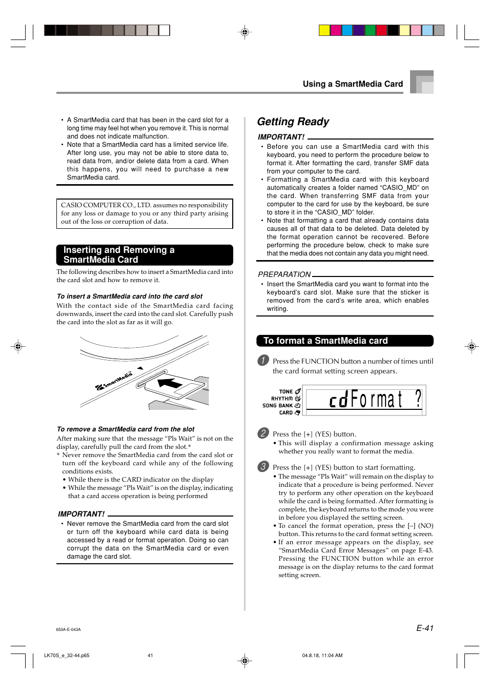 Fo rma t, Getting ready | Casio LK70S User Manual | Page 43 / 59