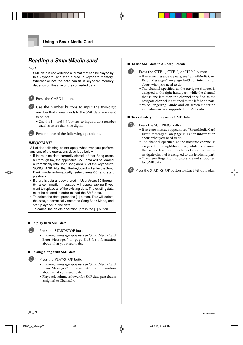 Reading a smartmedia card | Casio LK70S User Manual | Page 44 / 59