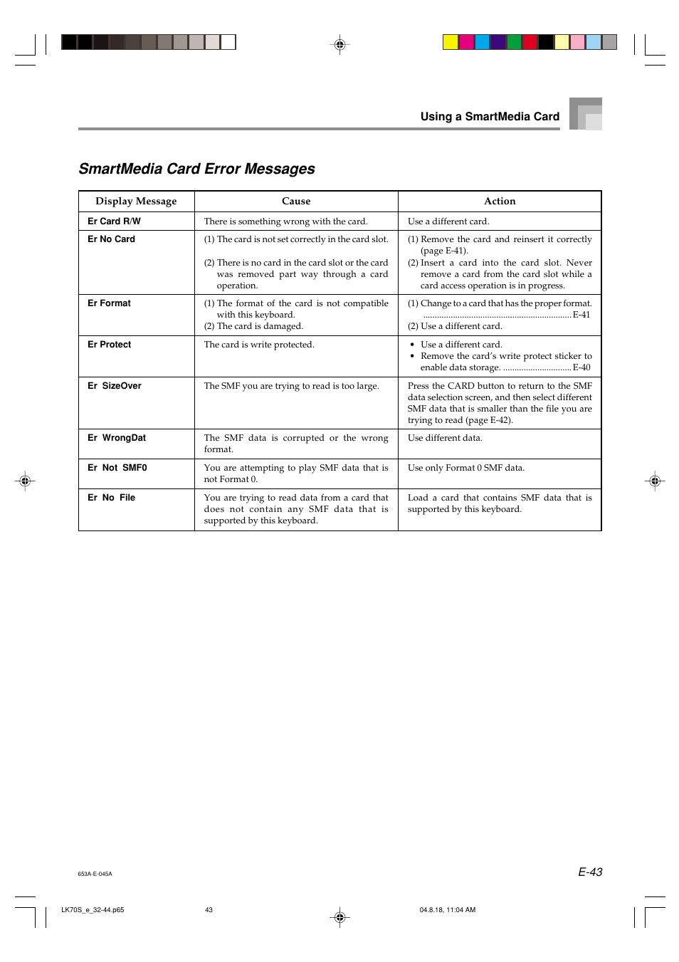 Smartmedia card error messages, E-43, Using a smartmedia card | Casio LK70S User Manual | Page 45 / 59
