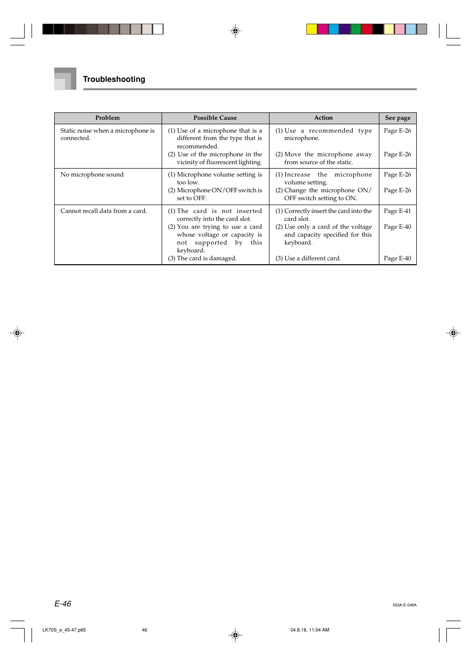 E-46, Troubleshooting | Casio LK70S User Manual | Page 48 / 59